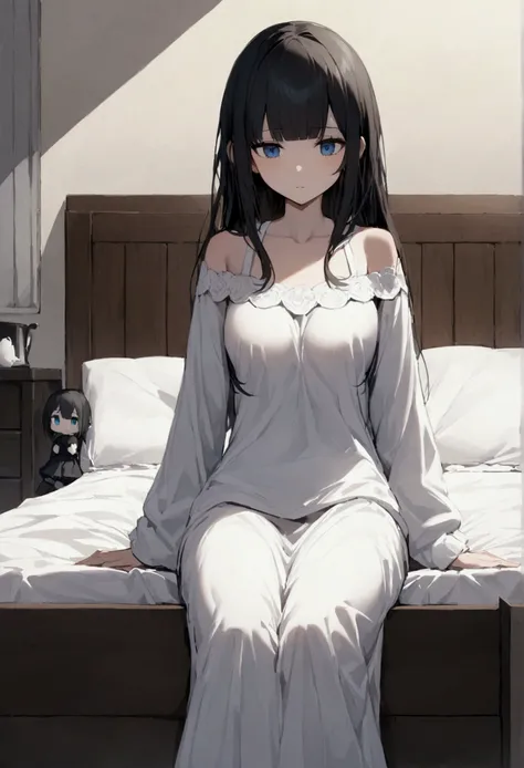  short shoulder-length hair ， with long black hair 、 The girl with straight bangs and blue eyes 、 a big breasted girl in her bedroom {x} in her bedroom。She is sitting on the bed relaxing 。 The background depicts a cozy bedroom .。 looks calm and contented ....