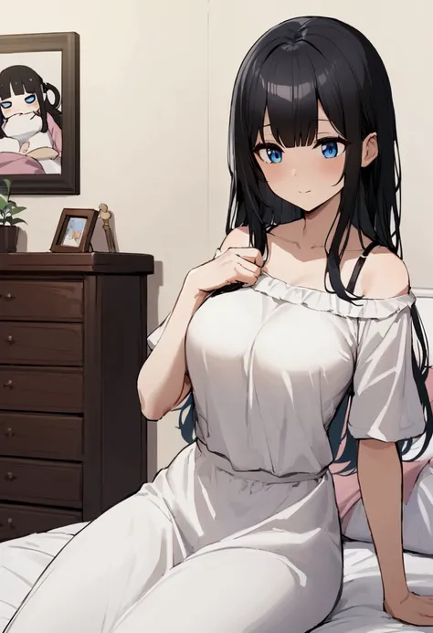  short shoulder-length hair ， with long black hair 、 The girl with straight bangs and blue eyes 、 a big breasted girl in her bedroom {x} in her bedroom。She is sitting on the bed relaxing 。 The background depicts a cozy bedroom .。 looks calm and contented ....