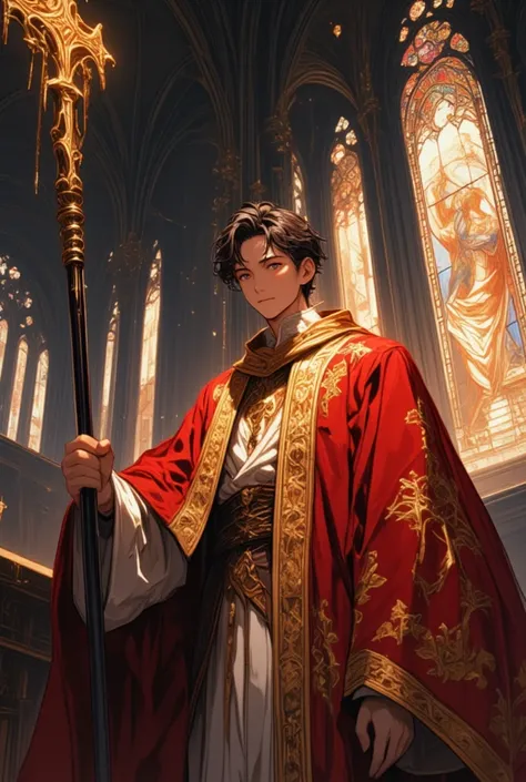 A male church leader in anime style, dressed in a crimson and gold robe with elegant embroidery. He stands tall at the altar of a grand cathedral, with a gentle and warm smile on his face. However, his eyes, glowing with an intense, mysterious gleam, betra...