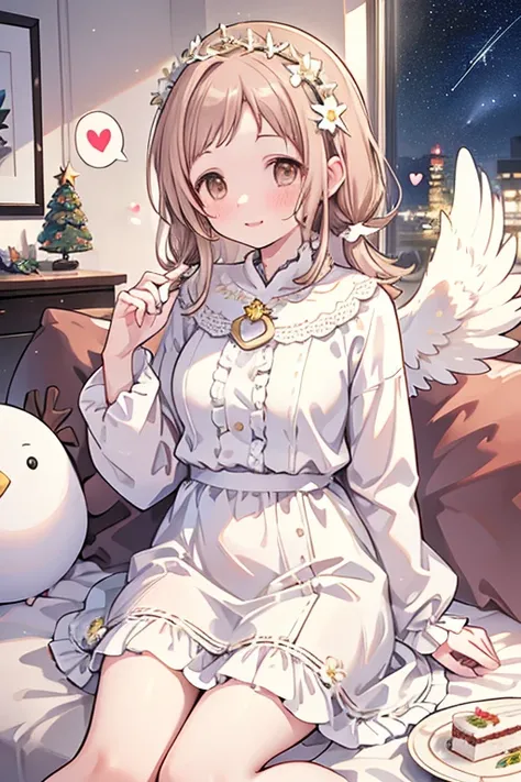 Sakuragi Mano, ((Mega Breasts)),　　(((Starry Sky))), Absolute territory,　　smile, 　(Midnight), Fluffy,　(Healing), Frills, ((a little white pigeon)), ((feathers)),　brooch, medium hair, best quality, masterpiece, blush, pigeons blood ruby accessory, light brow...