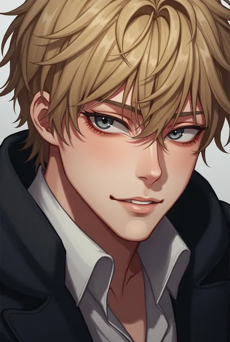 (Masterpieces)),  Best Quality ,  exceptional illustration , European Art , A person
 man,  blond hair ,  slightly messy , gray eyes,  deep and gloomy look, light skin. Light smile but with a touch of evil.
8K, blush, blush intenso,  Detailed features ,  r...