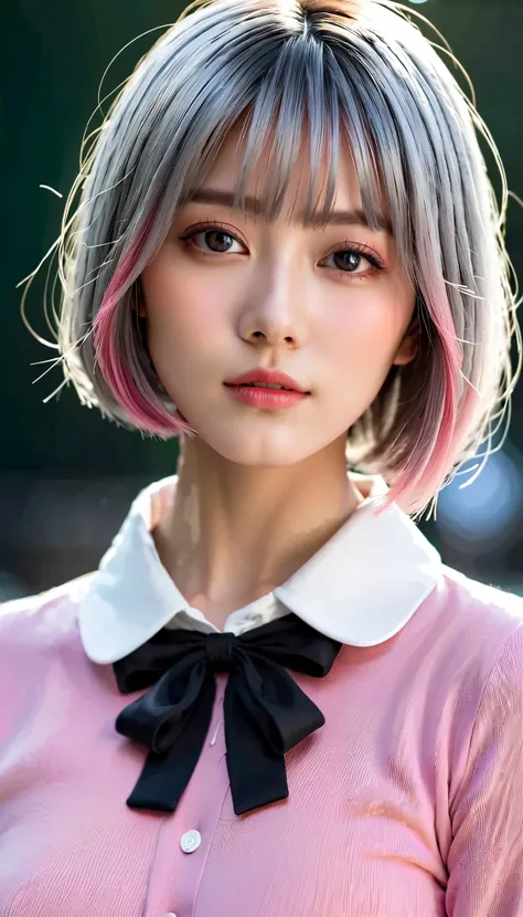 whole body、よりGenuine、Genuine、live-actionの.8k, real、live-action,{{{masterpiece}}}, {{{ top quality}}}, {{ ultra detail }}, {beautiful detailed eye}, 1 girl, Alone, ((Gray Hair)),(bangs), angle from above、 pink inner color hair、 looks up, girl ,Midea,eye、 ...