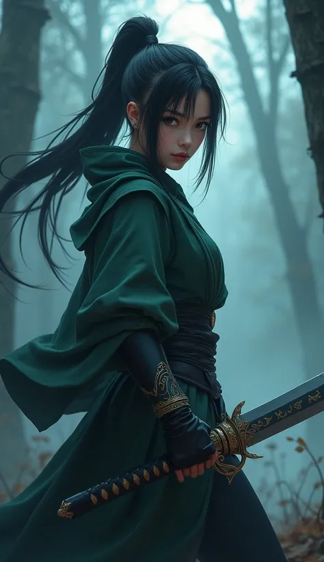 {
"prompt": "A fierce female Demon Slayer with long black hair tied in a high ponytail, wearing the standard Demon Slayer Corps uniform. She has sharp, determined eyes and a sword with a unique, ornate hilt. Her battle stance is strong and confident, showi...