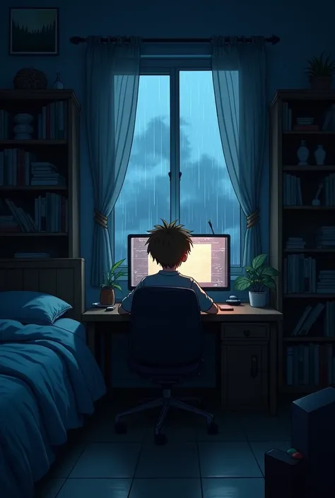 OK,  I want you to create a room with a desk , bed,  bookcases ,  a complete pc , etc,  anime style,  all dark as if there were no light ,  a small dim light enters through the window behind the computer monitor , la bed esta al lado del escritorio de mane...