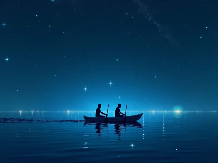 Two people are sitting on a small blue boat， paddling in the starry sky，Star