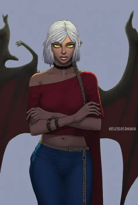 A sexy woman,demon yellow eyes,white short hair, wear a pirate headband on her head,wear a red top and blue long skirt, demon wings, smirking