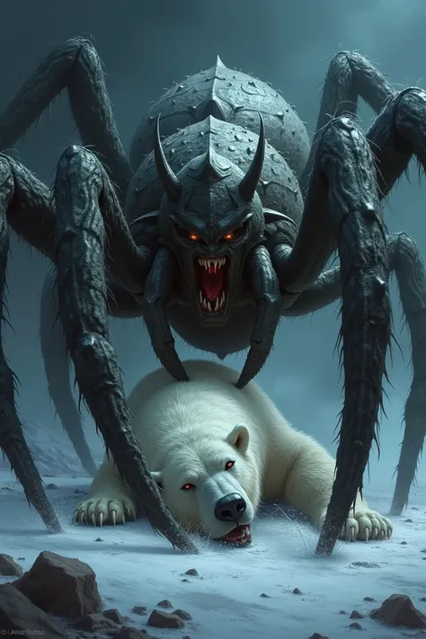 A powerful monster spider is kill the bloodeid lifeless motionless of a polo Bear in a deep background.