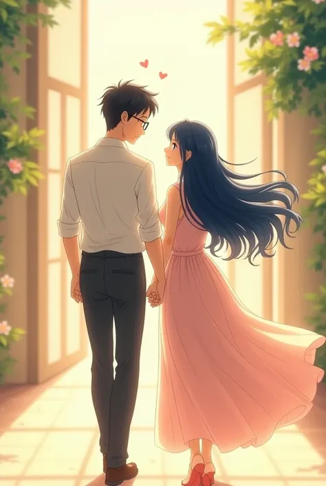 Anime cartoon husband and wife walking hand in hand, hugged, the man with glasses and short black hair and the woman with long navy blue hair in a long dress.