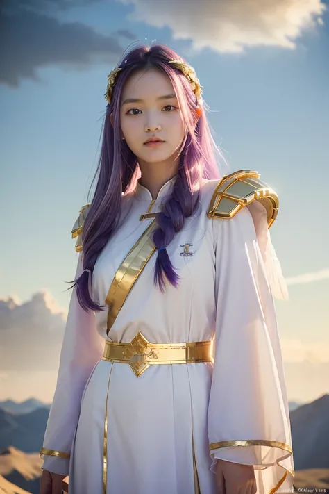 ((masterpiece, best quality, extremely detailed), volumetric lighting, ambient occlusion, colorful, glowing), 
1girl, solo, young girl, (purple hair), long hair, halo, aura, sacred, goddess, cleric suit, (white outfit with gold detailst:1.3), angel wings,
...