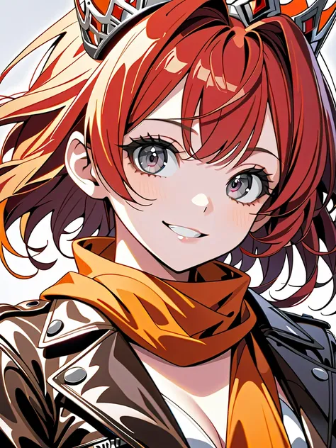 (masterpiece, ultra detailed, top quality), (cel shading anime), solo girl, mid teens, evil grin, (shiny skin, beautiful fingers, pretty face, big gray eyes, red short hair, ahoge:1.4), (crown, orange scarf, leather jacket), fantasy town.