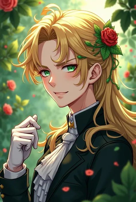  blondes、  handsome、male、Butler、 green eyes、Plant vine、
  lots of vines intertwined、  hair between eyes、 Animated illustration smile  ,  ,  Disdainful Eyes,  Rose Garden  、  black jacket  、  white gloves、 long hair