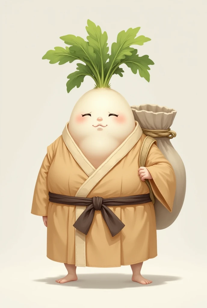 A Hotei daikon character, wearing a monks costume and carrying a large bag