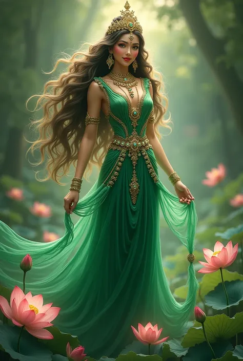 Phra Mae Luxami Green Dress With Lotus Flower Indian Style Fantasy Hair Layers