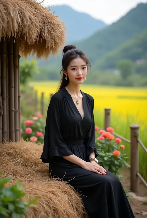  Beautiful Asian woman wearing model Sabrina , watch, piercing earrings ,  tight black kaling ,  greis pendant ,high tied hair,  sitting on a pile of dry hay facing the camera with a soft and attractive smile,  Next to her there is a hut made of dry straw ...