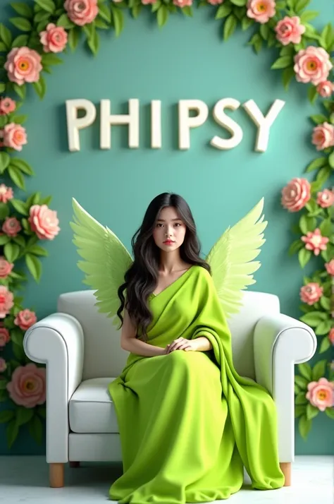 Create 3D picture of a beautiful 18 year old girl sitting on the white sofa set chair, the girl is wearing a neon green saree, background wall decorate in flower and leaves and written on capital Big font white colour "phippsy" and wing are green colour lo...