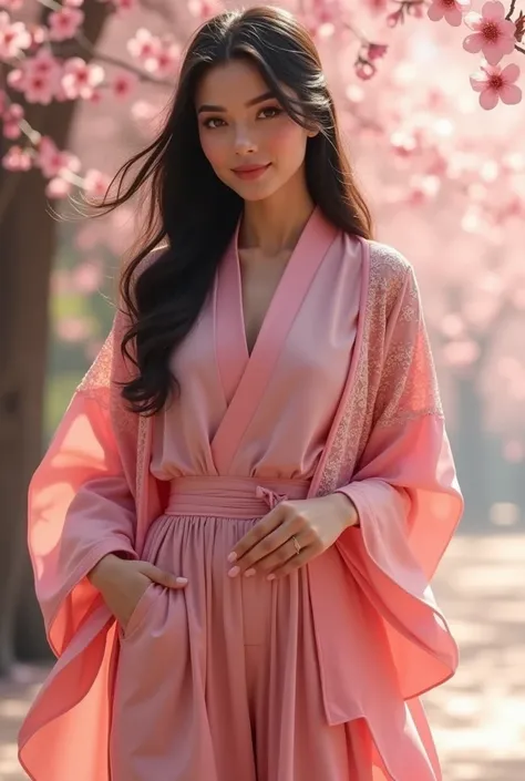 Create HD high quality resolutions pictures of lady Latino wearing in  
Wide-leg pants with a sakura-pink blouse and traditional haori jacket.

