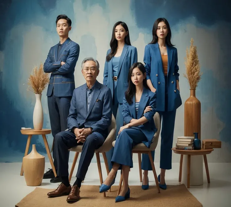 Studio photography of an Indonesian family consisting of 5 members, 1 father and 1 mother aged 50 years sitting in chairs, standing behind them are 3 people, two women aged 28 with straight hair, a man aged 25 with crew cut, all wearing blue formal suits a...