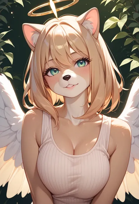 score_9, score_8_up, score_7_up, beautiful, perfect eyes, Wispy hair, Myconid, Beige ribbed tank top, Angel girl furry