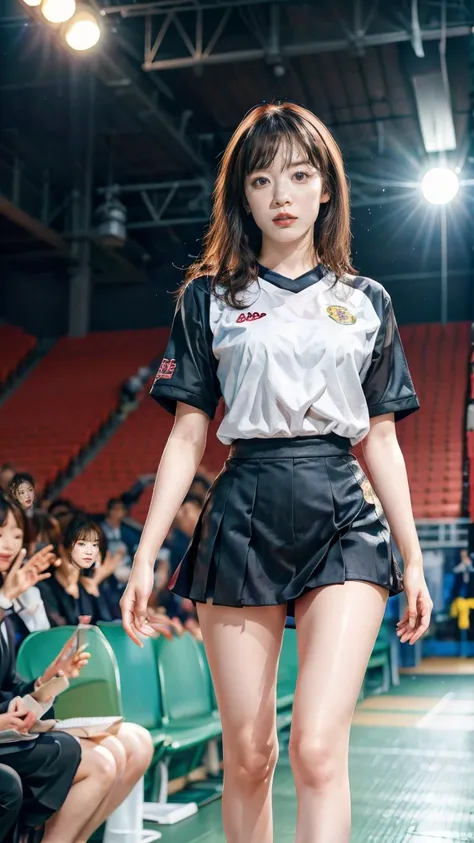 A beautiful young Japanese woman, 20 years old, with perfect anatomy, healthy thighs, beautiful feet, flawless skin, random hair color and style, large bust, (she is standing:1.2), wearing a cheerleader uniform with micro-pleated miniskirt, in a full body ...