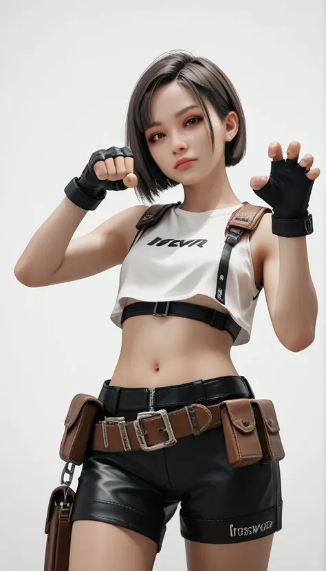 (masterpiece, best quality:1.2), solo, 1girl, White skin, white-skinned female, looking at viewer, crew cut, crop top, fingerless gloves, belt, pouch, white background, 3D, paw pose, black short