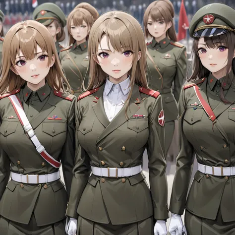 (( top quality)), ((masterpiece)), ( Details), （ perfect face）、The woman is a North Korean female soldier Yuki Asuna 、Asuna Yuki lined up at the military parade as a North Korean soldier as one of many other female soldiers and pledged absolute loyalty to ...