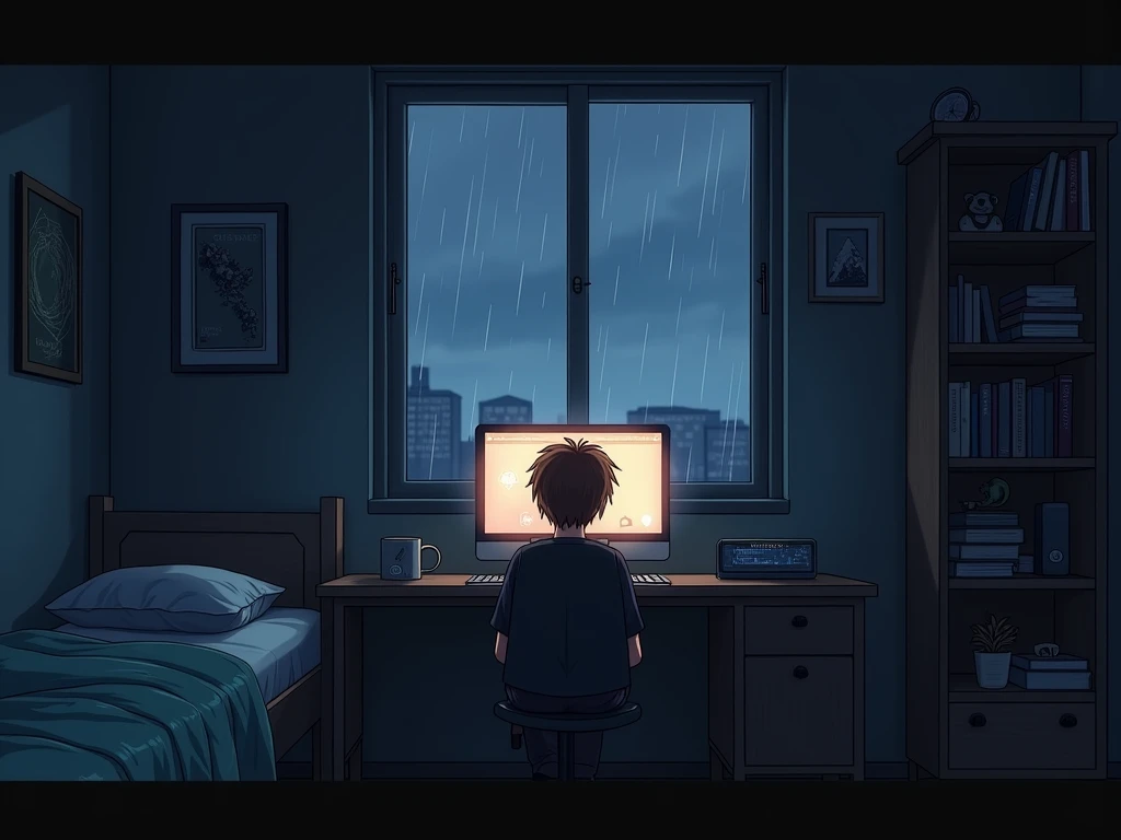 OK,  I want you to create a room with a desk , bed,  bookcases ,  a complete pc , etc,  anime style,  all dark as if there were no light ,  a small dim light enters through the window behind the computer monitor , la bed esta al lado del escritorio de mane...