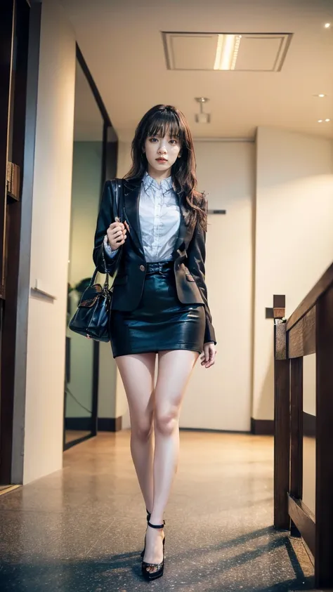 a beautiful detailed Japanese woman, 24 years old, with healthy thighs, beautiful legs, beautiful skin, random hair color and hairstyle, large breasts, female secretary, wearing a miniskirt, (she is standing:1.2), full body shot, high heels, holding a note...