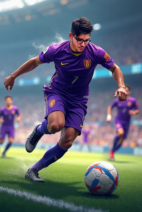 Soccer player scoring the finale goal, purple Jersey, 8k, precise facial features, comics style. 