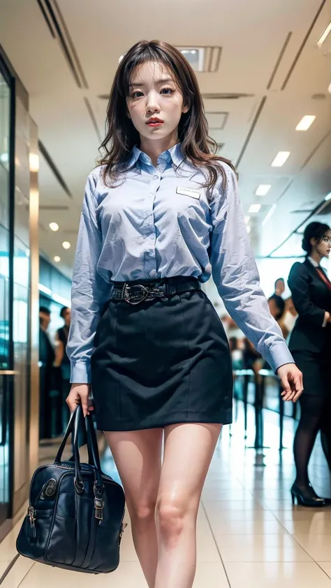 A beautiful, 24-year-old Japanese woman with perfect anatomy, healthy thighs, beautiful legs, beautiful skin, random hair color and style, large breasts, (wearing a flight attendant uniform with a mini-skirt:1.3), (she is standing:1.2), full body shot, pum...