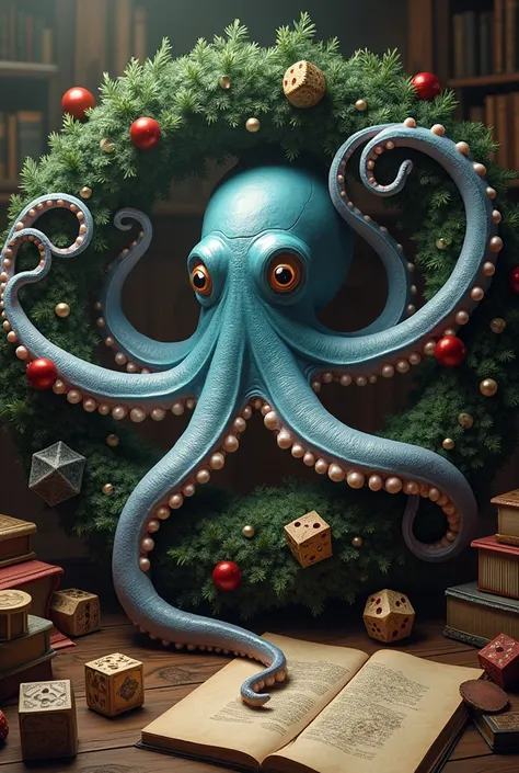  Octopus and Christmas wreath with dice, maps, Pawns and books 
