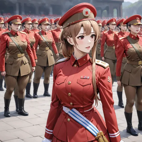 (( top quality)), ((masterpiece)), ( Details), （ perfect face）、The woman is a North Korean female soldier Yuki Asuna 、Asuna Yuki participated in a military parade as a North Korean female soldier and performed a vivid and controlled North Korean-style mili...