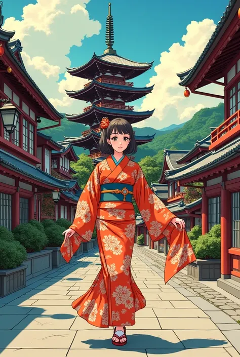   manga drawing inspired by an anime girl walking down the street with a pagoda in the background, Toyohara Chikanobu wearing a kimono  ,  pixiv Contest Winner , Ukiyo-e, Japanese painting style,  Japanese Pop Surrealism ,  Woodcut by -e ,  anime style ill...