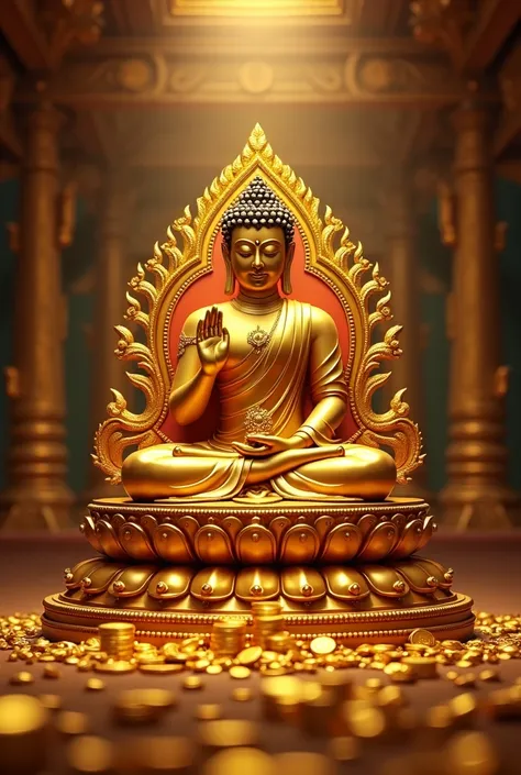 "A golden Buddha statue symbolizing wealth and prosperity, seated on a lotus throne, surrounded by gold coins, treasures, and glowing light, set in a serene temple with intricate Thai patterns, 8K resolution, ultra-realistic."
