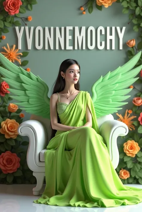 Create 3D picture of a beautiful 18 year old girl sitting on the white sofa set chair, the girl is wearing a neon green saree, background wall decorate in flower and leaves and written on capital Big font white colour "yvonnemochy" and wing are green colou...