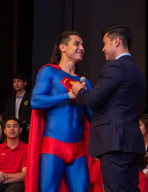 Superman,a 30-year-old a buff man in a superman costume (think movie version of Superman-black undercut, blue tights and red cape and red boots and red briefs) The prize is a deep kiss. Superman Awards to a Taiwan 25 years-old male college student on a pod...