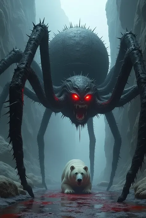 giant spider with glowing red eyes and sharp spines, set in a narrow, misty canyon with towering rock walls, kill the bloodeid lifeless body of a Polo bear in a deep background.