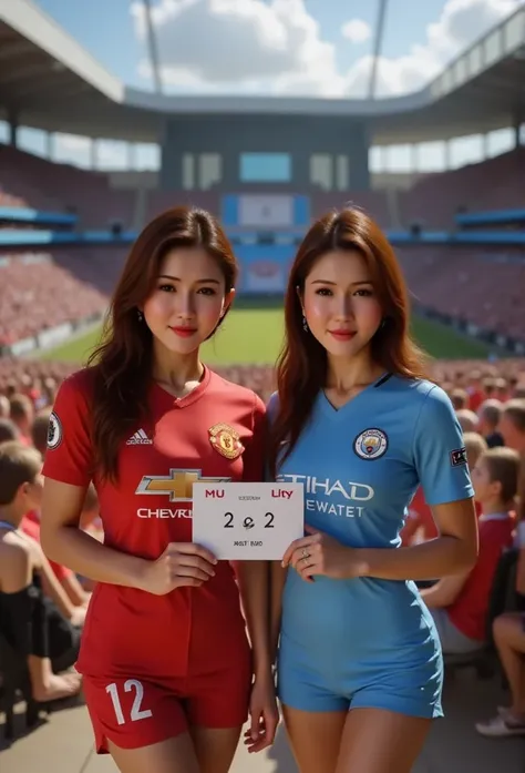 The image shows two woman standing in front of Etihad Stadium, Manchester United and Manchester City, Premier League, crowded audience, wearing a red Manchester United jersey and blue Manchester City jersey , full body view, perfect body, hold a sign "MU V...