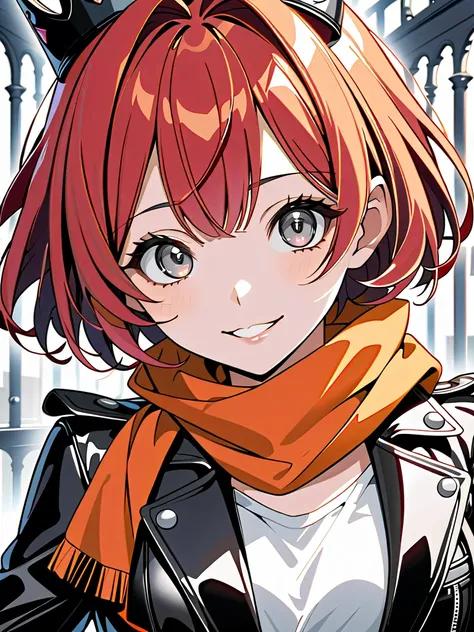 (masterpiece, ultra detailed, top quality), cel shading anime, solo girl, mid teens, evil grin, (shiny skin, beautiful fingers, pretty face, big gray eyes, red short hair, ahoge:1.4), (crown, orange scarf, leather jacket), fantasy town.