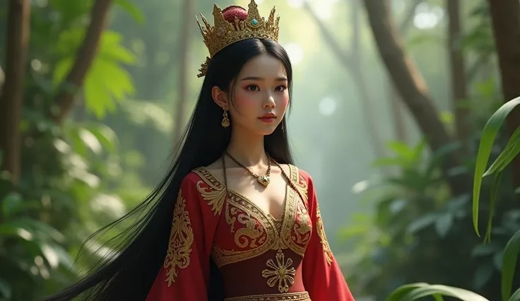 "Create a hyper-realistic 3D render of a female character named Lampir, aged 26, standing at 170cm with a slender, ideal physique. She has long, flowing black hair adorned with an ornate queens crown inspired by ancient Indonesian kingdoms. Her face is bea...