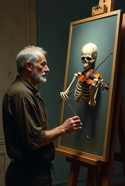 A painter painting a picture in canvas and looking upward me , a skull playing violin front of the painter, and the skull tell the truth the painter.. #4k   #oil painting 