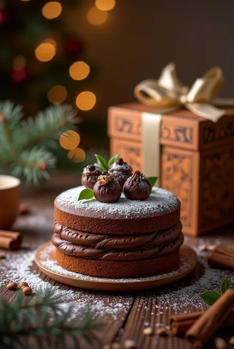 food photography. hampers box design castella chocolate cake, Christmas  vibes, realistic, 32k, cinematic light