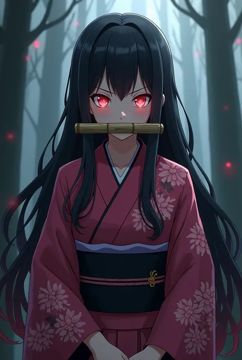 {
  "prompt": "Nezuko Kamado in a super-realistic style, standing strong in a traditional Japanese kimono with pink and black patterns, a bamboo muzzle covering her mouth, her long dark hair flowing with a reddish hue. Her eyes glow a fierce red with a sof...