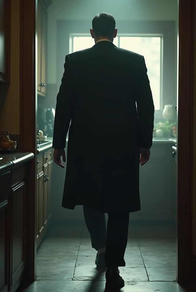 
 The camera focuses on Lorenzos feet entering the kitchen ,  following his legs and finally on his imposing silhouette.  He approaches with confident steps and stops in front of Pietro ,  without showing the face, but the aura of authority is clear .  The...