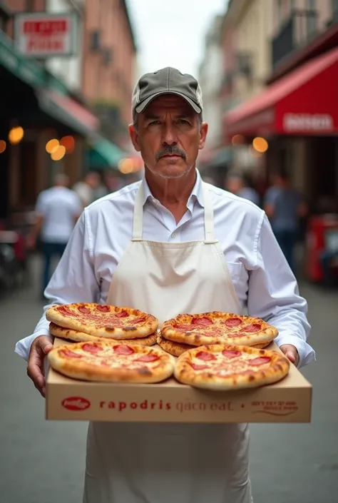 A man with several pizzas 