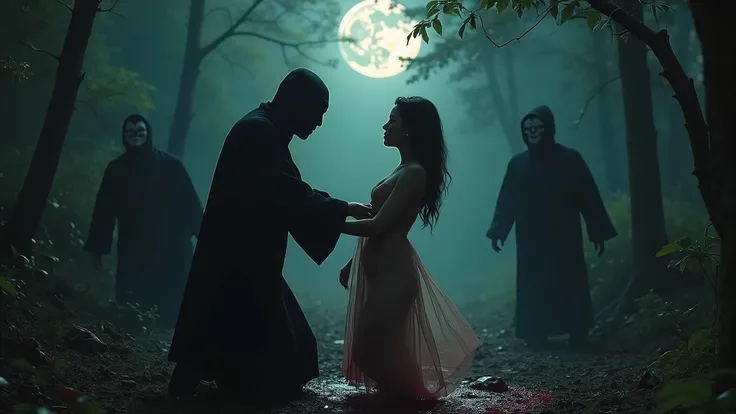 In a dark forest, a maskman is brutally slitting the throat of (a sexy indian girl in night dress) with a knife and theres blood all over the ground and some other maskmens are also standing there, at night-moon light, realistic cinematic style, 4k ultra H...