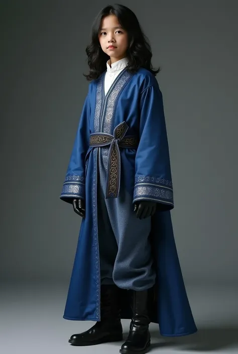 Live Action Tall Pre teen Asian boy with Long black hair Wearing a Long Sleeved Medieval Formal Blue Religious Tunic Over a White dress shirt With Baggy pants and Boots and Black leather gloves, Wearing a Magic Amulet,