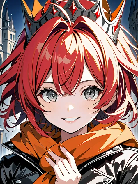 (masterpiece, ultra detailed, top quality), cel shading anime, solo girl, mid teens, evil grin, (shiny skin, beautiful fingers, pretty face, big gray eyes, red short hair, ahoge:1.4), (crown, orange scarf, leather jacket), fantasy town.