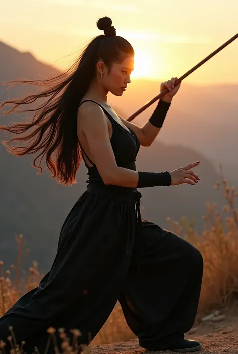 A hyper-realistic scene of a stunning, half-Asian, half-Caucasian mage training in the mountains, minimal clothing all black,  embodying the discipline and focus of the Shaolin style. She is holding a bo staff with grace and precision, performing powerful ...