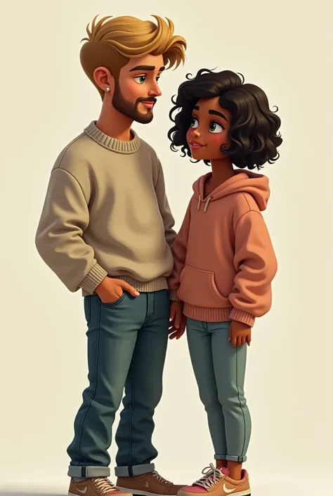 Fait un couple avec un homme jeune de 18 ans grand blond cheveux ondulé yeux verts bouc moustache boucle d’oreille en diamant , habillé avec un pull un jean et des basket Nike . La fille est d’origine marocaine petite 15 ans avec les cheveux bouclés noir a...