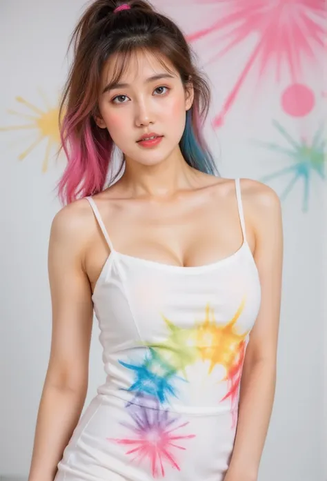 (solid background), ((thick acrylic pigment color splashes on a background and clothes, vivid colors of splash and thick paints):1.8), large crystal clear eyes, (high ponytail hair dyed with multiple vivid colors:1.6), (exquisite makeup, long eyelashes), (...